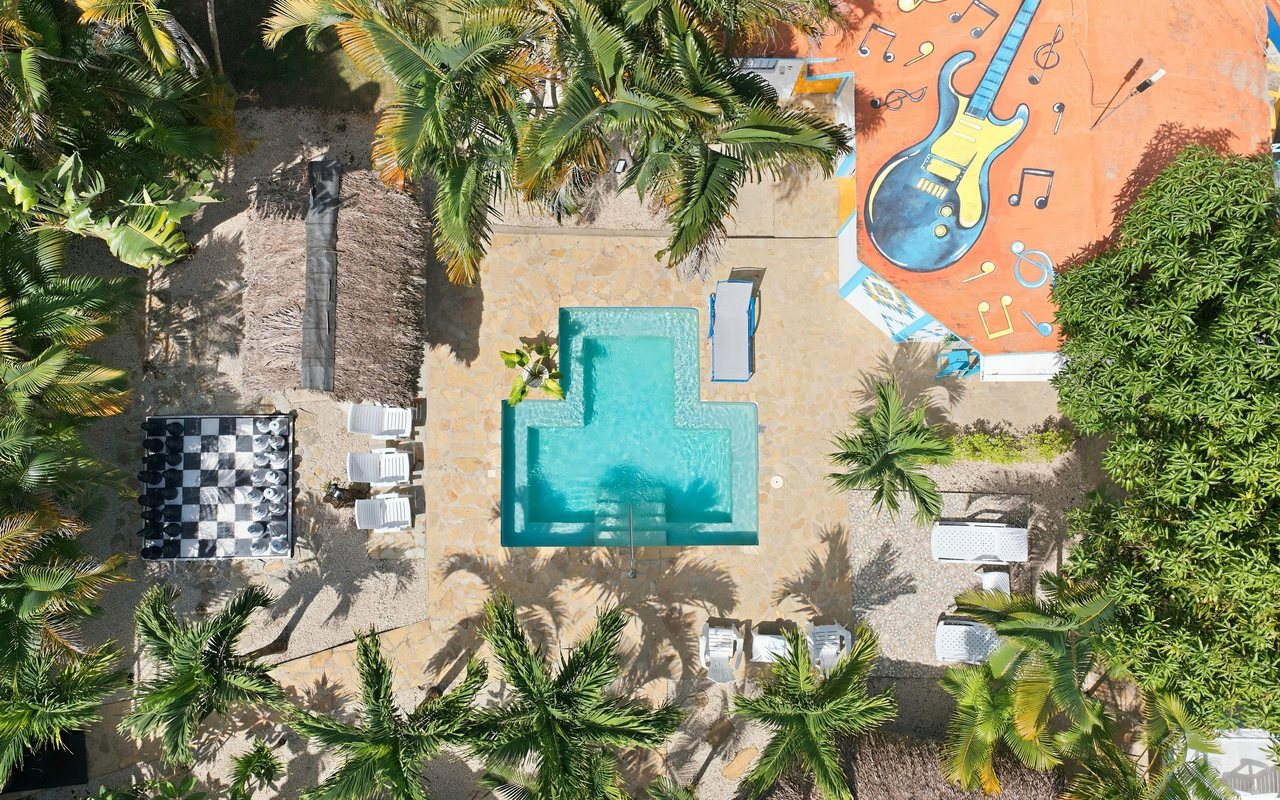 Overhead view of the Project Paradise pool, bar and guitar mural on the roof
